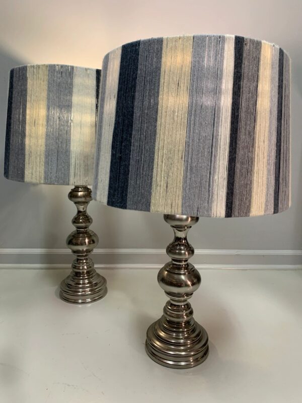 A pair of lamps with shades on top of them.